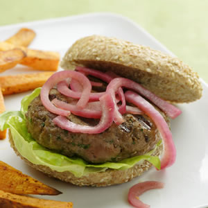 Spicy Turkey Burgers with Pickled Onions