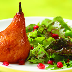 Roasted Pear & Arugula Salad with Pomegranate-Chipotle Vinaigrette